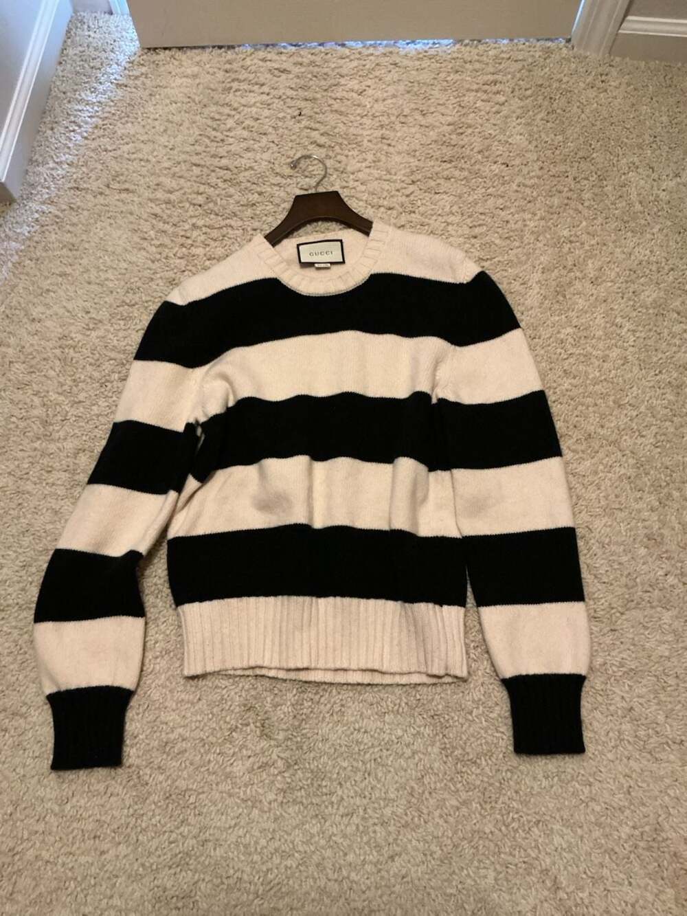 Gucci Black and White Striped Cashmere Crewneck Sweater